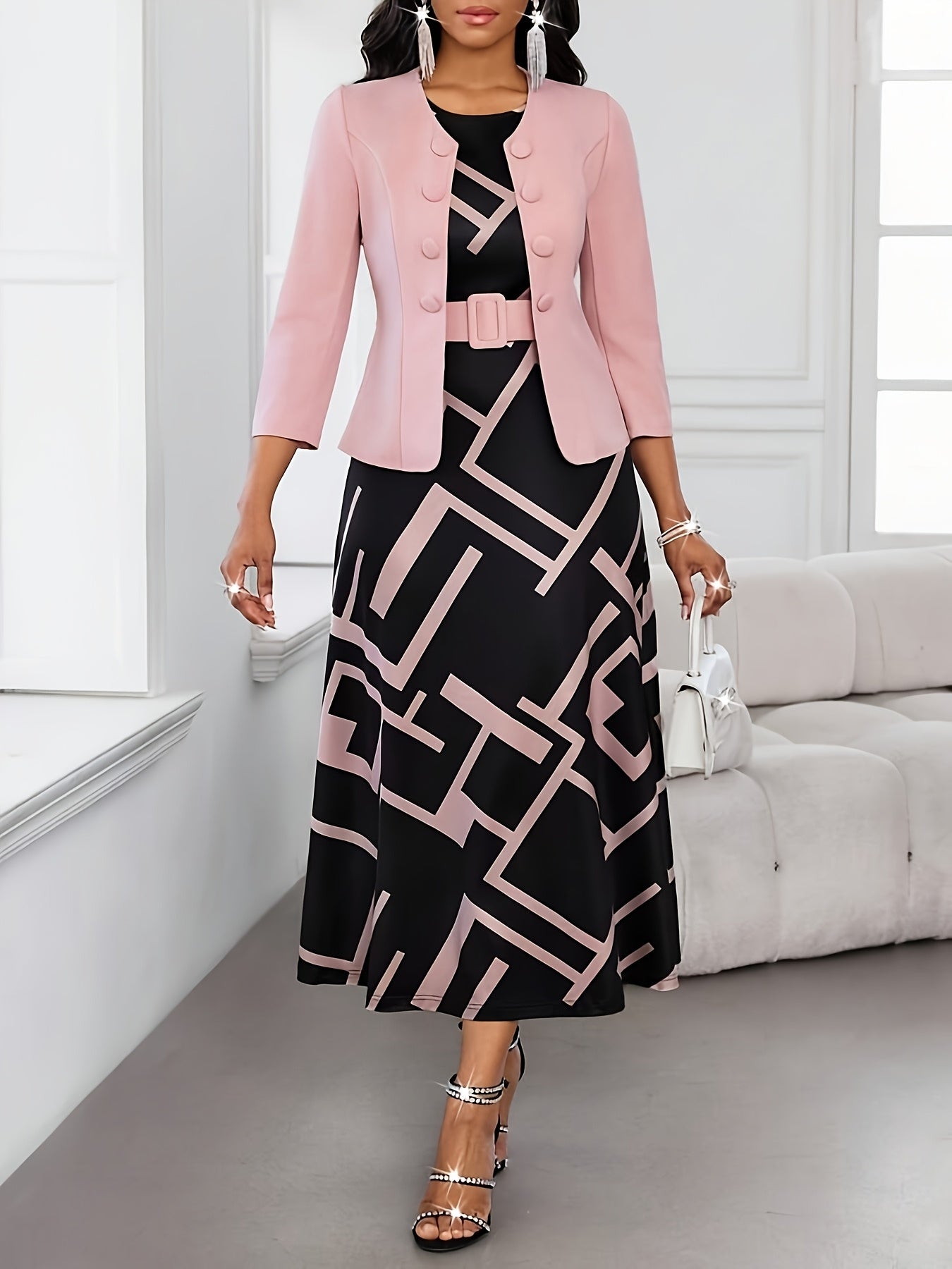 Valentine's Day New Year Holiday Party Button-Front 7/8 Sleeve Jacket Geometric Print Round Neck Sleeveless A-Line Belted Dress 2pcs Set