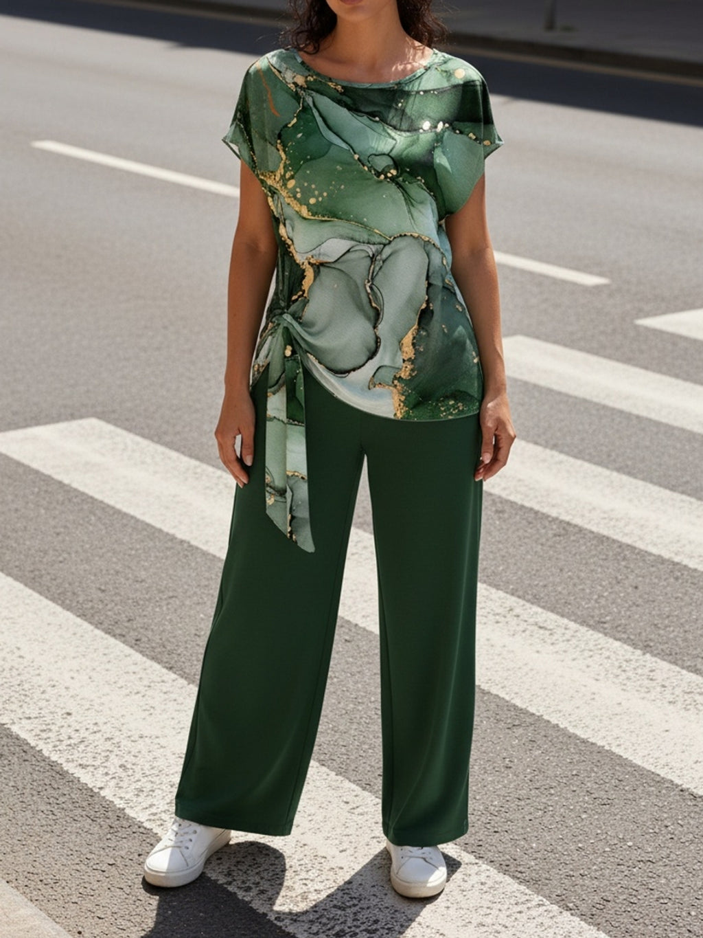 Women'S Green Alcohol Ink Marble Print Side Tie Knot Short Sleeve Top And Elastic Waist Solid Dark Green Wide Leg Pants 2pcs Outfit, Suitable for Home Loungewear, Daily Commute, Shopping, Casual Gathering, Short Trip