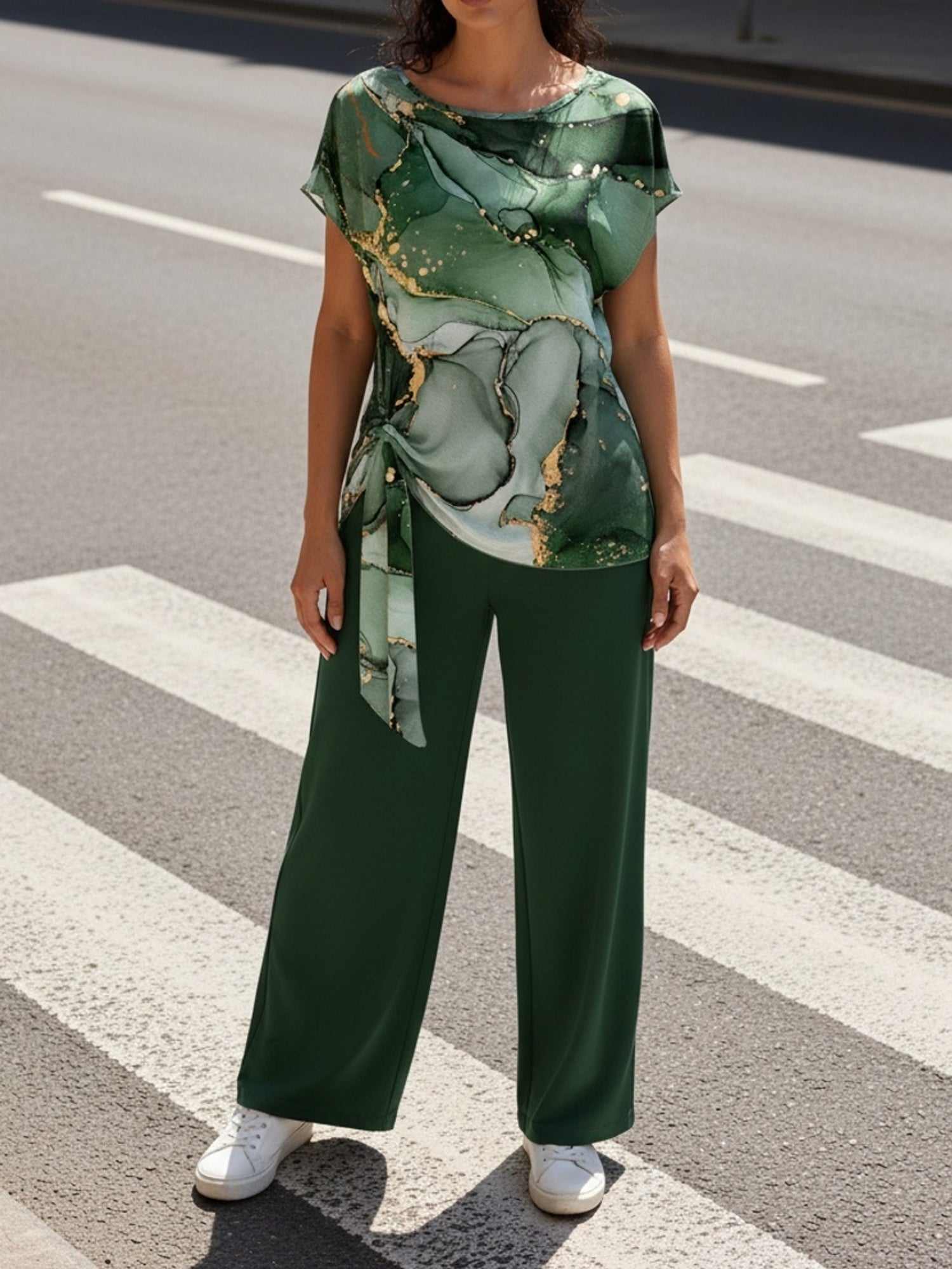 Women'S Green Alcohol Ink Marble Print Side Tie Knot Short Sleeve Top And Elastic Waist Solid Dark Green Wide Leg Pants 2pcs Outfit, Suitable for Home Loungewear, Daily Commute, Shopping, Casual Gathering, Short Trip
