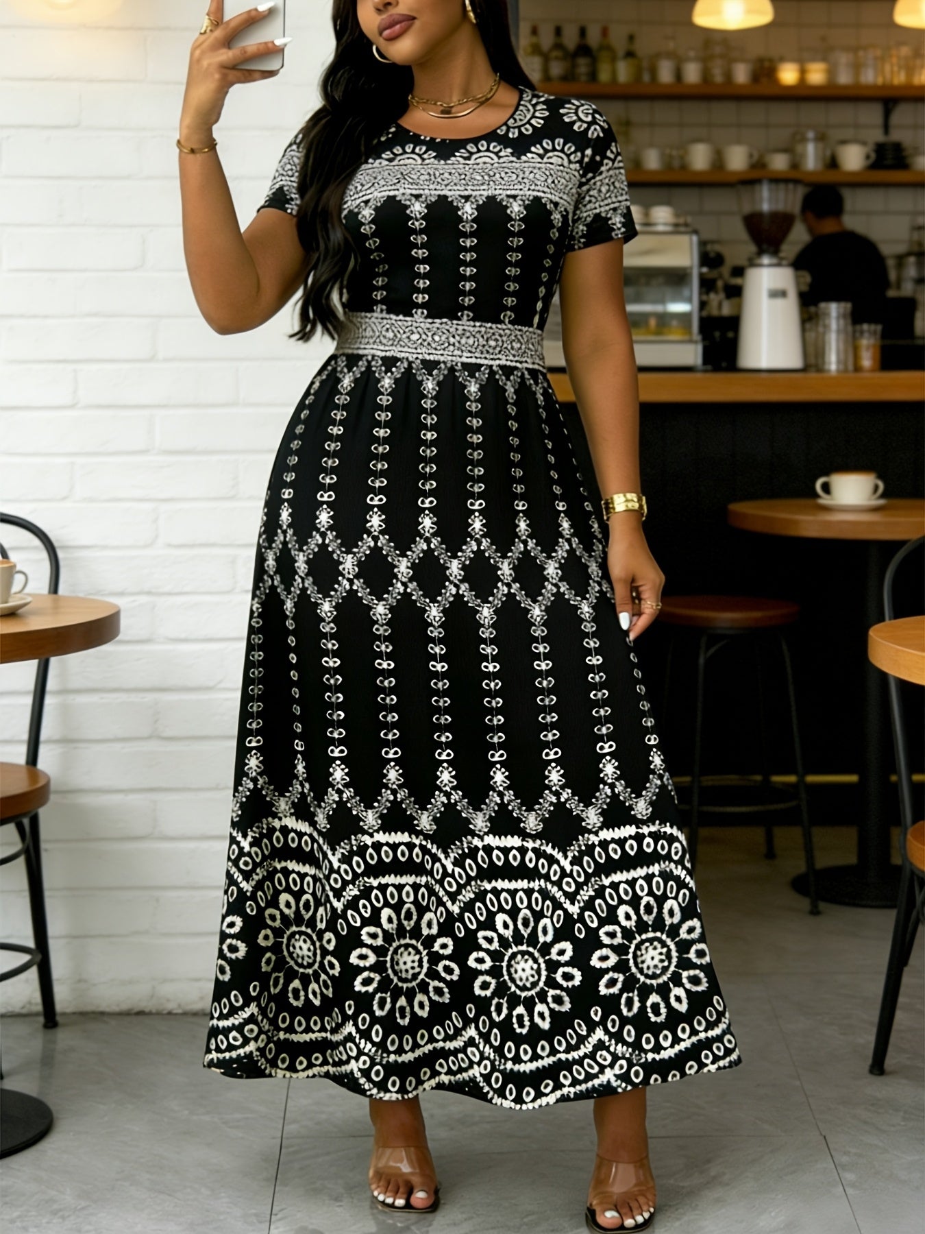 Plus Size- Plus Size- Plus Size Geometric Tribal Print Maxi Dress for Women, Short Sleeve Crewneck Loose Fit Long Dress, Versatile Spring Summer Outfit for Work Vacation Daily 0XL-7XL Suitable for Leisure Sports Scenarios