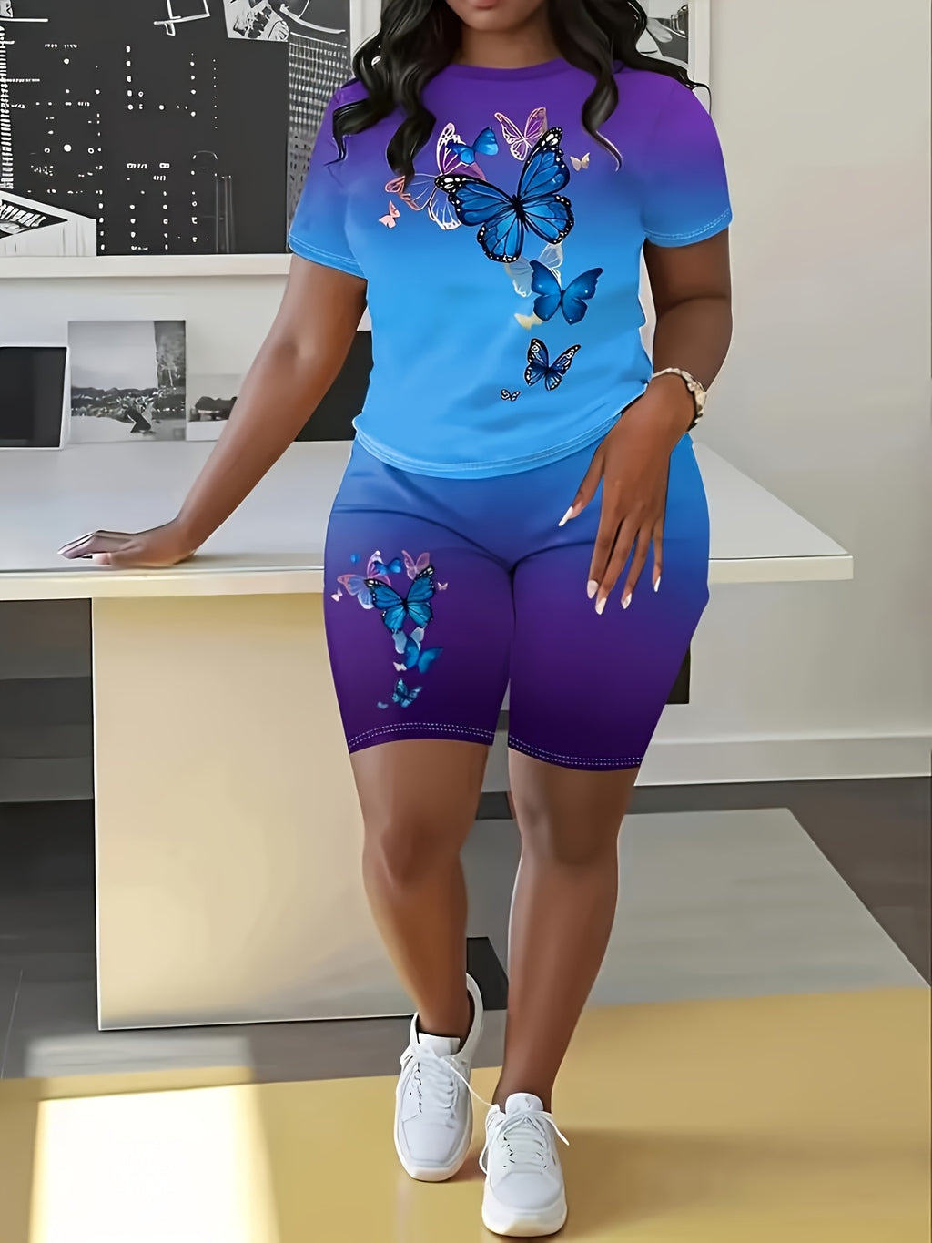 Yudomi Direction Vacation Casual Butterfly Print Shorts And Short Sleeve 2pcs Set