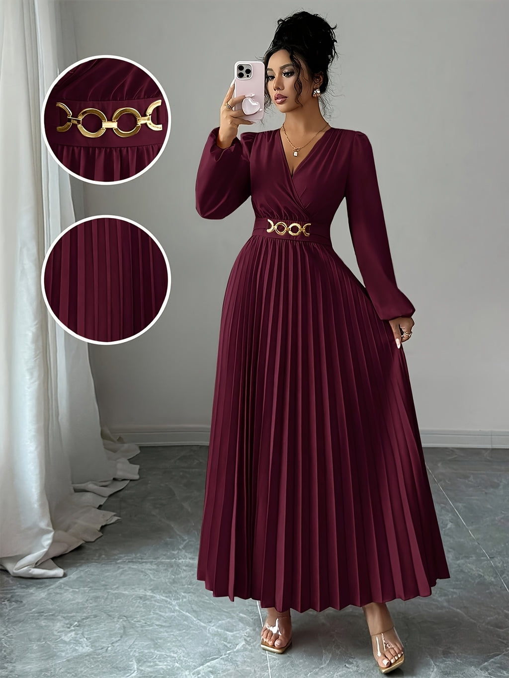Women'S Elegant V-Neck Pleated Long-Sleeved Dress, Classic Metal Buckle And Hem Pleating Design, Suitable for Daily Fashion Commuting, Vacation Leisure, And Evening Party Dresses, Easy to Care for