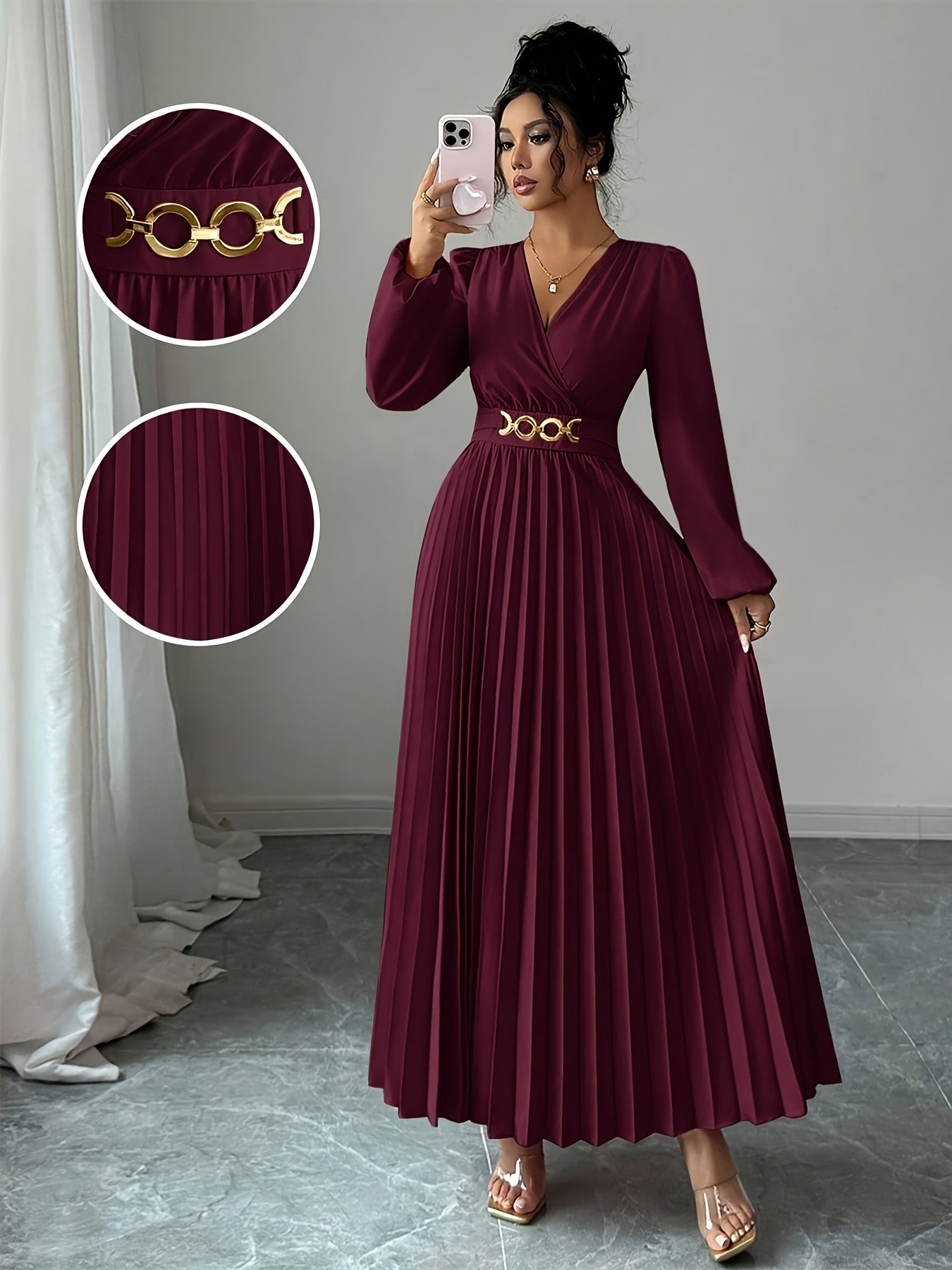Women'S Elegant V-Neck Pleated Long-Sleeved Dress, Classic Metal Buckle And Hem Pleating Design, Suitable for Daily Fashion Commuting, Vacation Leisure, And Evening Party Dresses, Easy to Care for