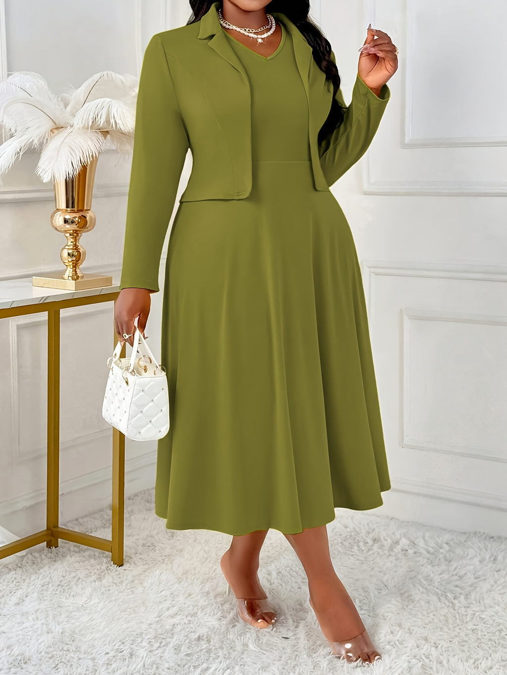 Plus Size - Plus Size - Plus Size Women'S Temperament Elegant Solid Color Long Sleeve Lapel Coat And V-Neck Vest Dress Set