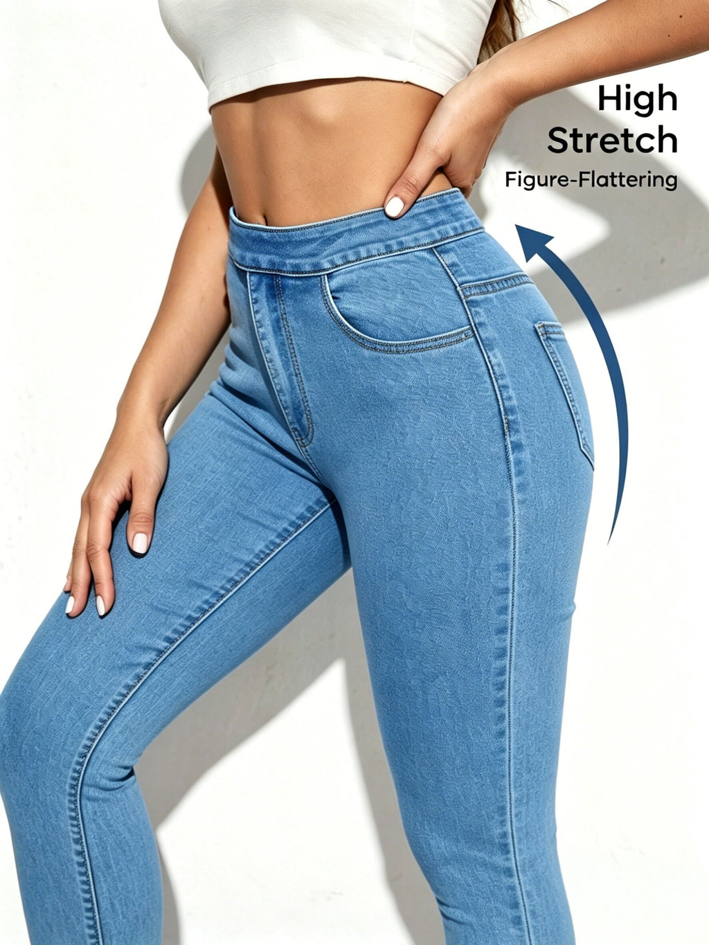 Women's High Waist Stretch Skinny Jeans with Tummy Control & Hip Lift - Elastic Waistband Washed Denim Pants Suitable for Work, Daily Wear, Tummy Control Suitable for Workouts, Pockets, for Casual Outfits