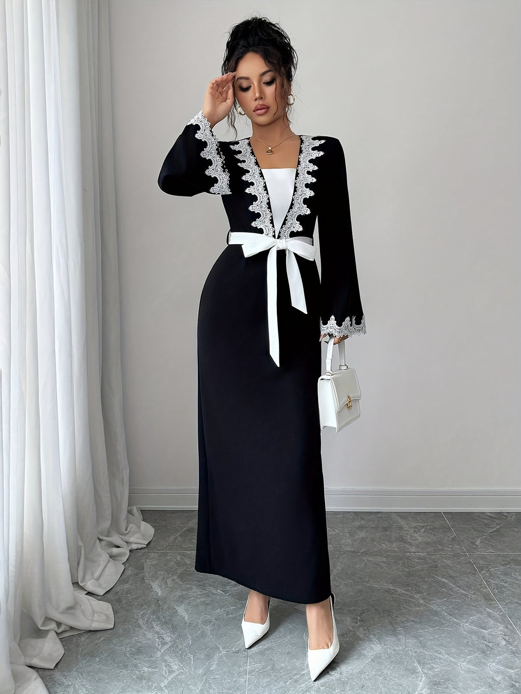 Women'S Elegant Dress, Wide Sleeve, Waist-Cinching Tie, Lace Trimmed Neckline, Suitable for Daily Wear, Various Occasions, And Fall Winter Season