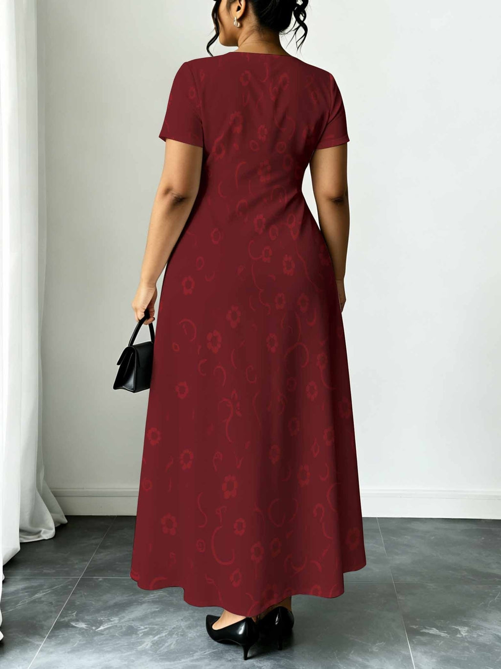 Short-Sleeved Belted Maxi Dress Floral Print Women'S Dress, Burgundy Short-Sleeved Midi Dress, Casual And Elegant Style, Suitable for Daily Wear And Light
