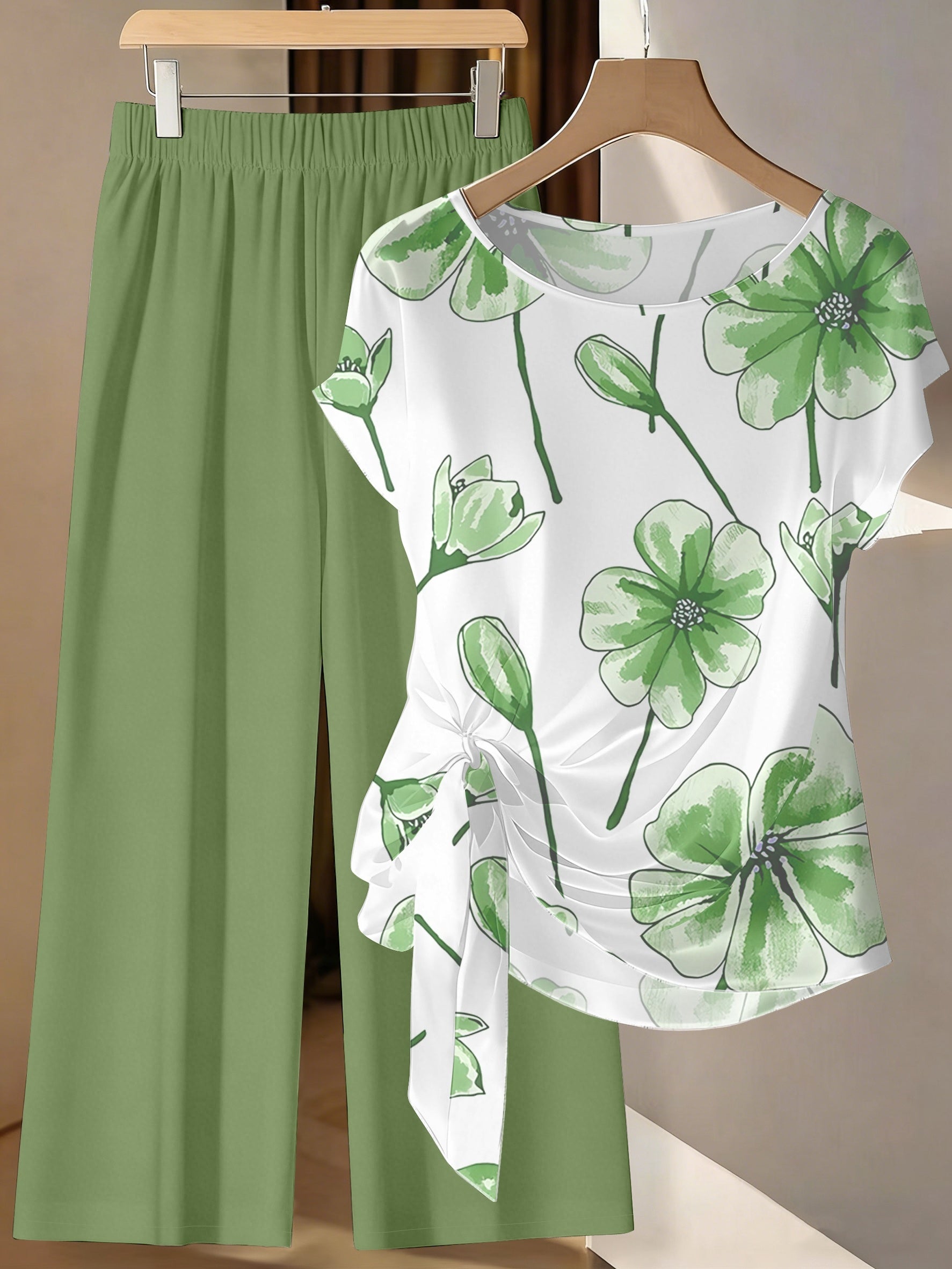 Fashion Printed Side-Tie Top And Long Pants Two-Piece Set for Parties And Events, Elegant Women'S Wear, Summer Fashion Style, Women'S Two-Piece Set, Office And Business Attire, Business Casual Women'S Clothing, Holiday Festive Outfit, Concert Wear