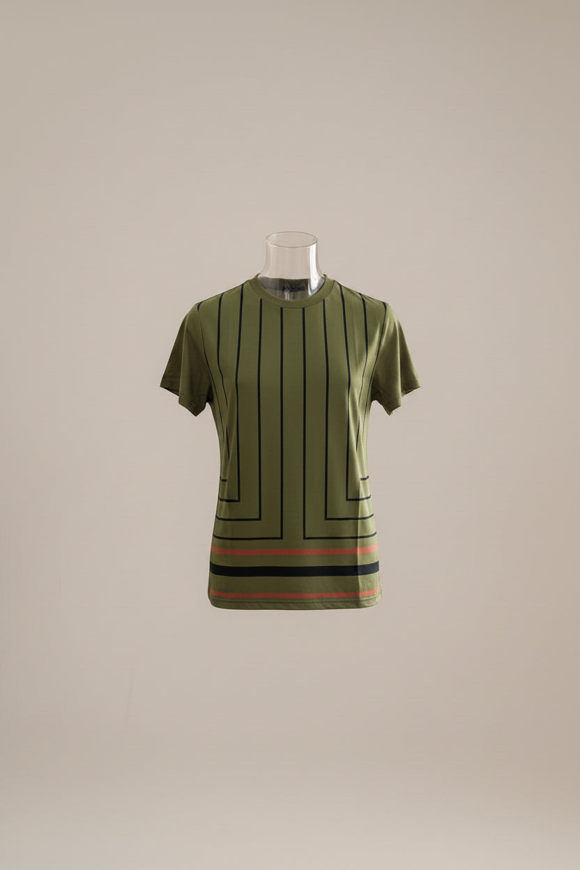 Green contrast stripe form-fit top with black and rust stripes