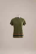 Green contrast stripe form-fit top with black and rust stripes