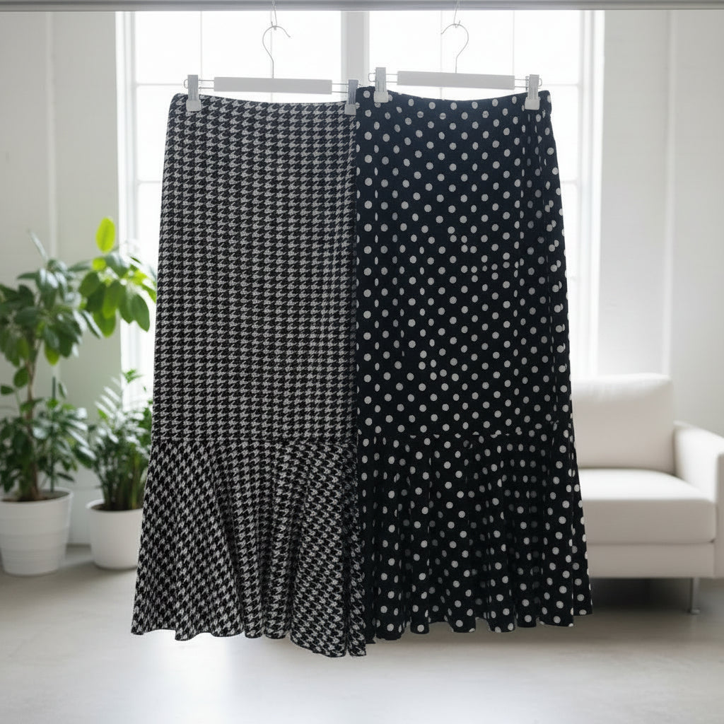 Black and white houndstooth and polka dot mermaid skirts plus size 1XL on hangers
